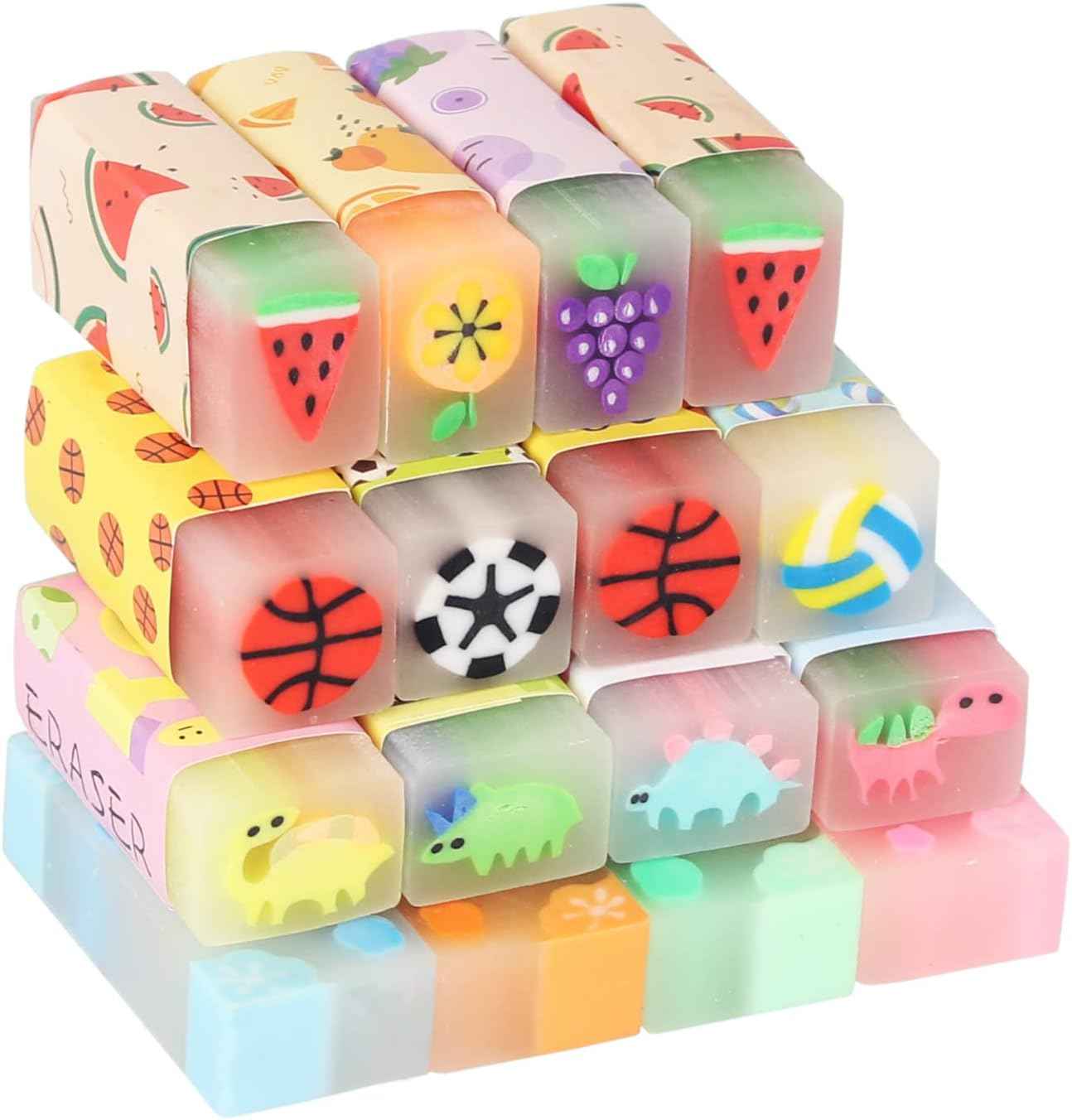 Fruit Ball Dinosaur Sakura Cute Pencil Erasers for Kids 16 Pack - TTpen