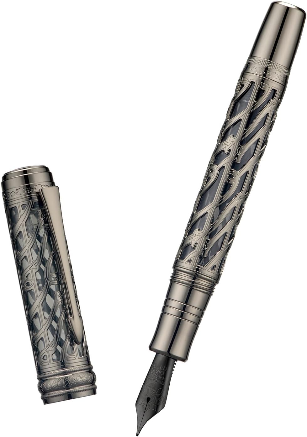 Hongdian A6 Piston Fountain Pen Fine Soft Nib,Hollow Skeleton & Resin Pen Jet Black