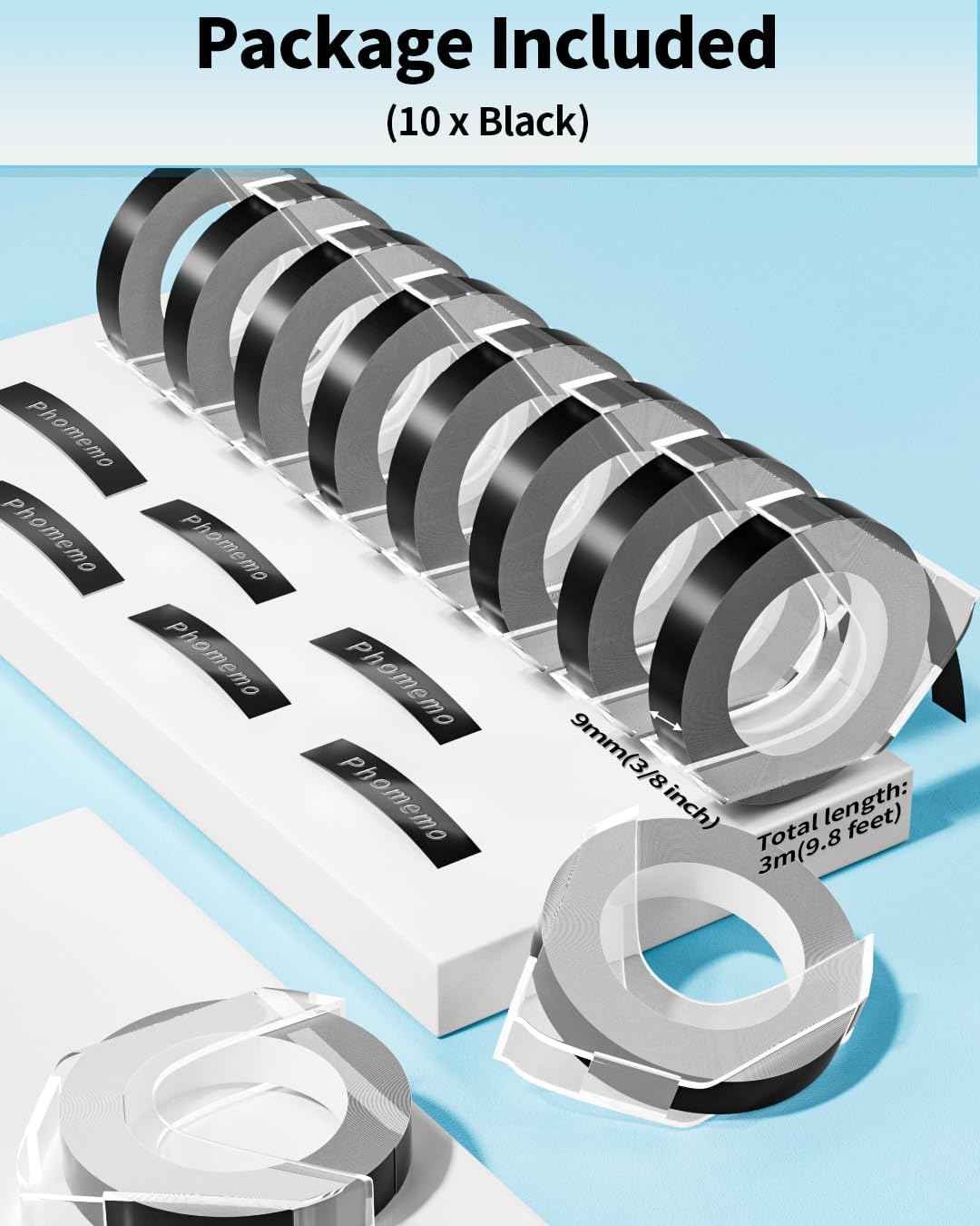 Phomemo 3D Plastic 9mm Embossing Tapes for Dymo Embossing Label Maker Black - TTpen