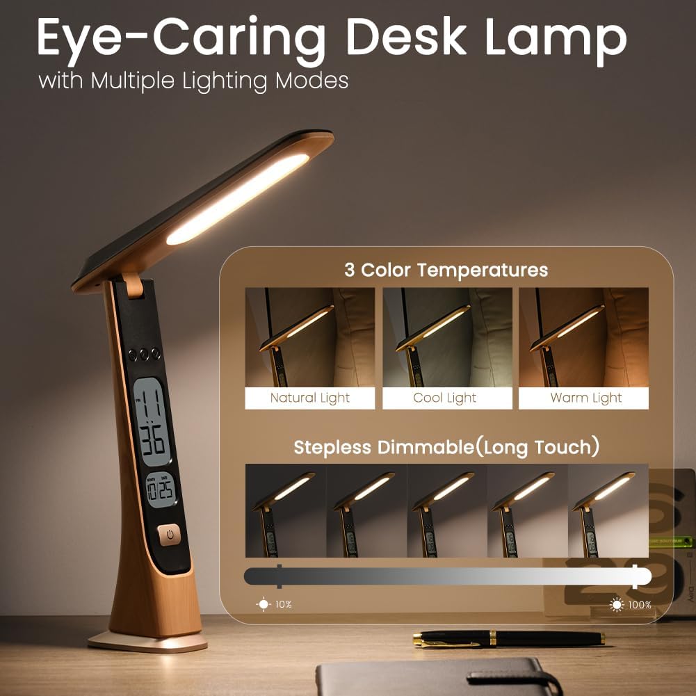 Foldable Portable Cordless Table Desk LED Lamp with Clock Calendar