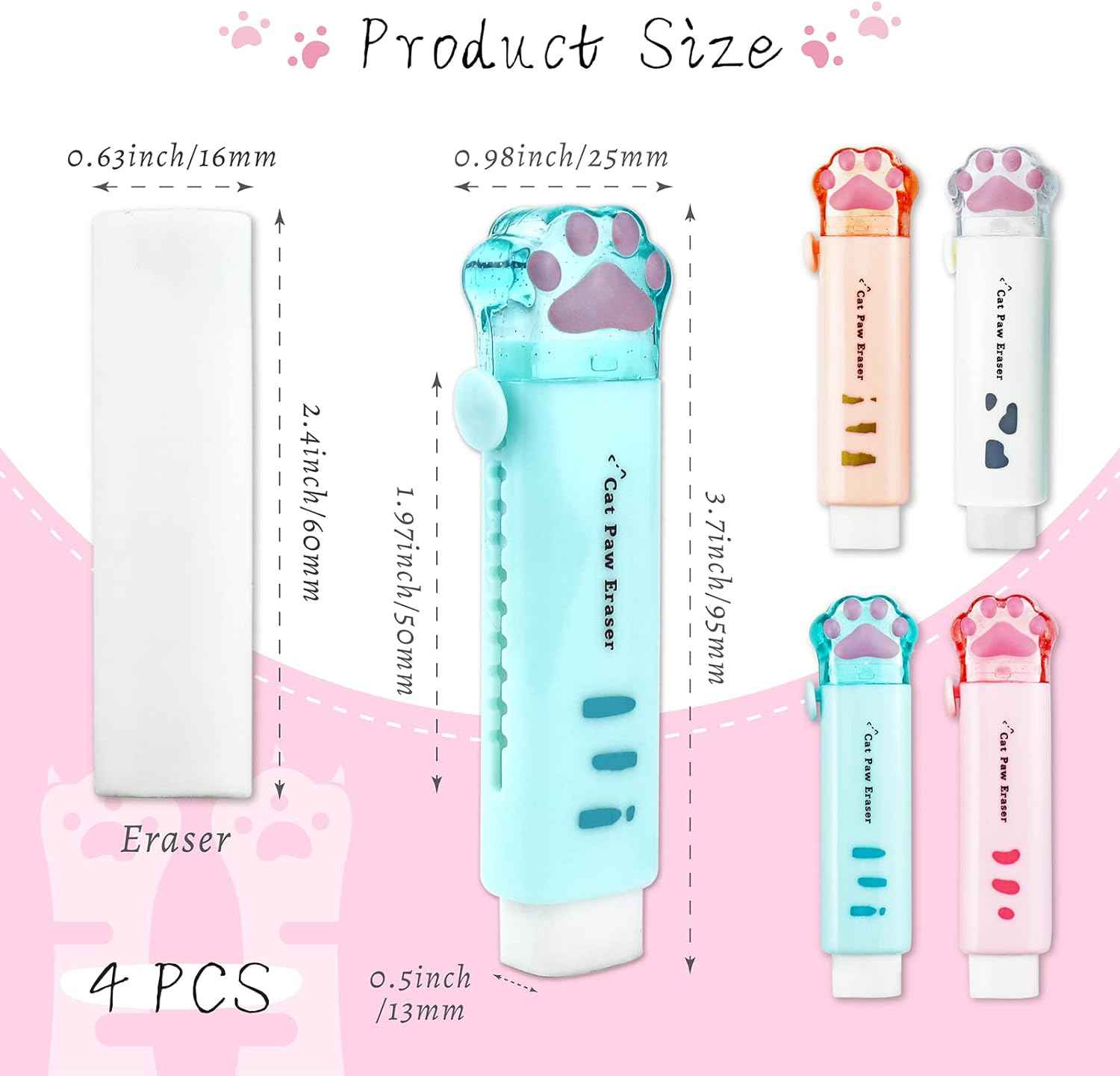 4Pcs Cat Paw Shaped Retractable Erasers Rubber - TTpen