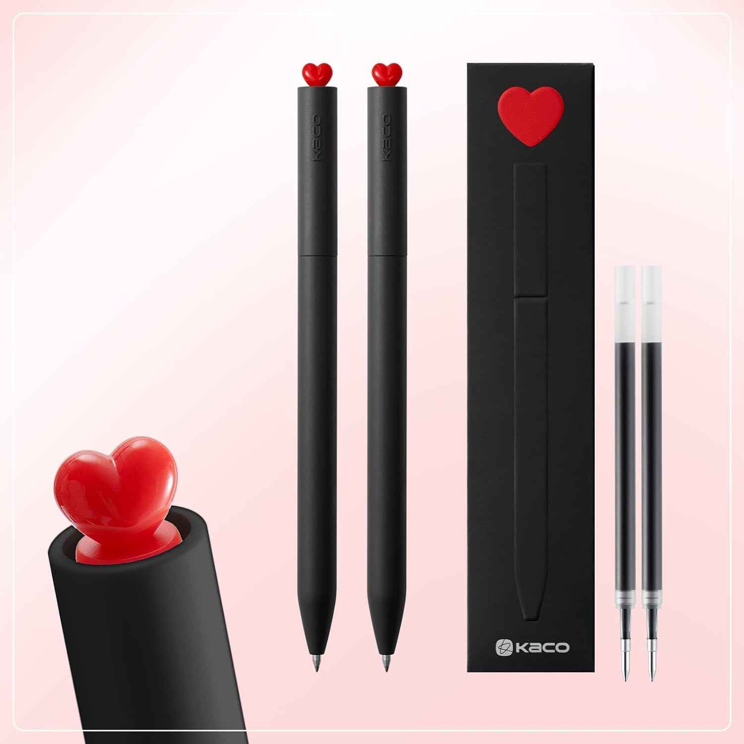 Kaco FIRST Gel Ink Pens Cute Heart with Extra 4 Black Refills (2 Black) - TTpen