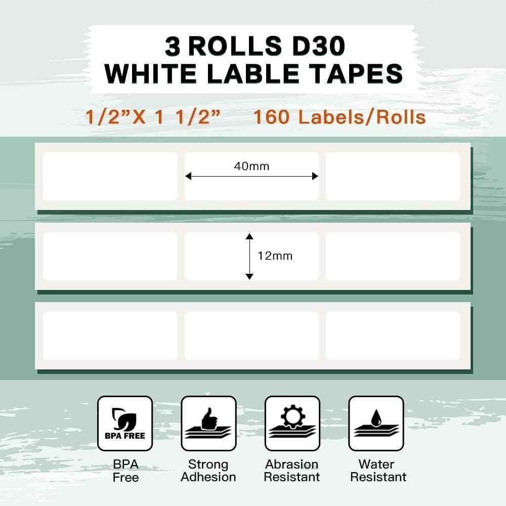 Phomemo D30 Adhesive White Label Paper (12mm X 40mm) White,3 Roll - TTpen