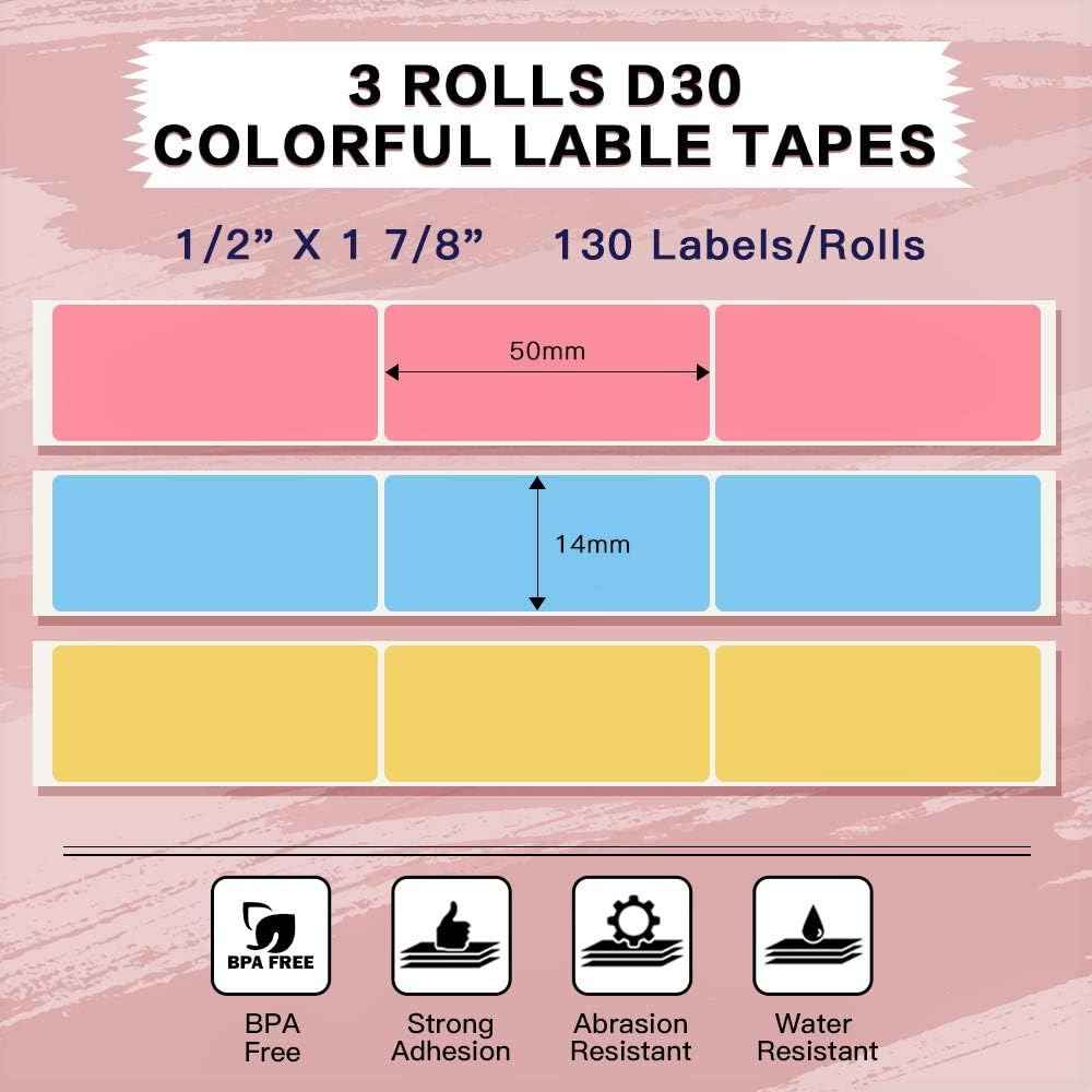 Phomemo D30 Adhesive Pink Bule Yellow Label Paper (14mm X 50mm) - TTpen