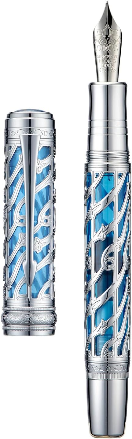 Hongdian A6 Piston Fountain Pen Fine Soft Nib,Hollow Skeleton & Resin Pen Silver Blue
