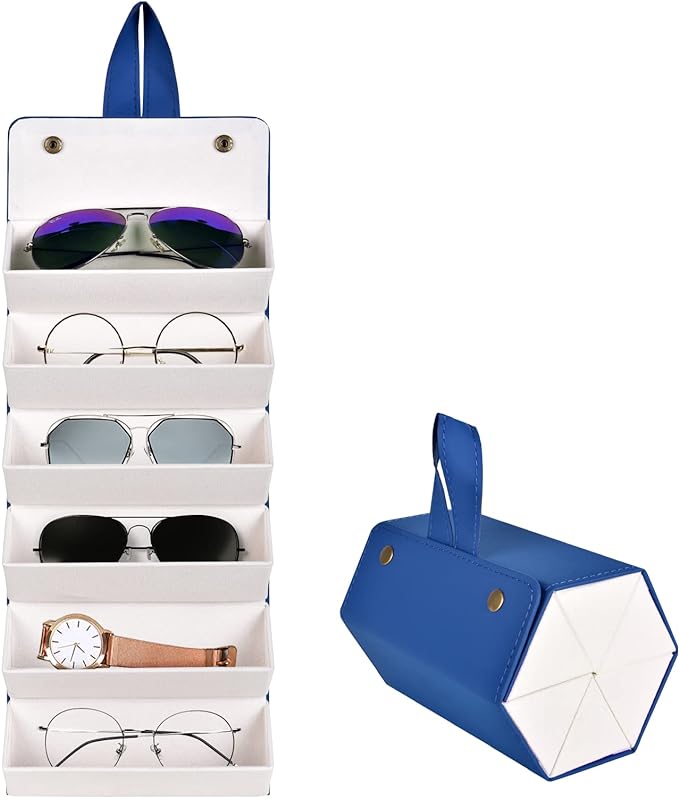 PU Leather Foldable Sunglasses Organizer Box Eyeglass Holder Army Blue
