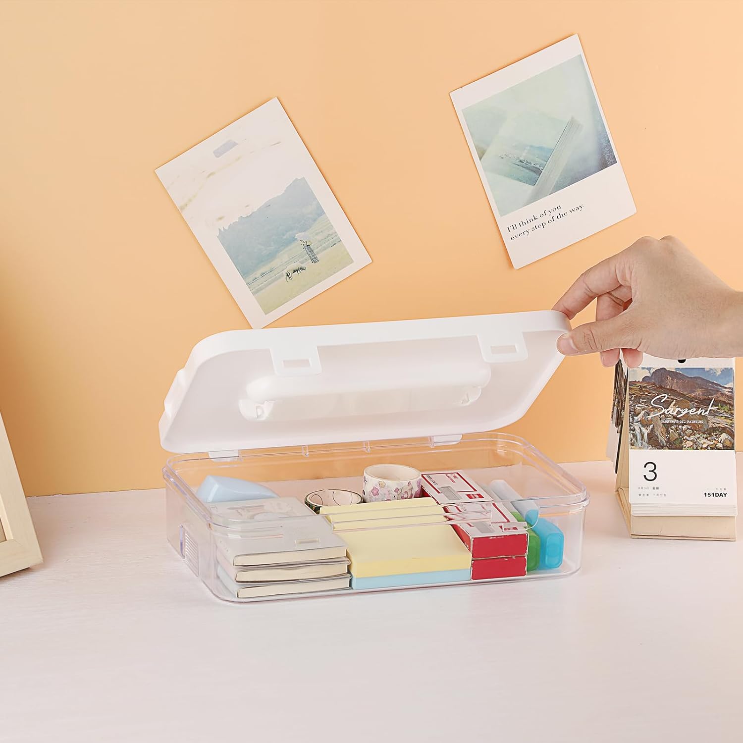 Clear Plastic Storage Container with Lid & Handle for Pencils Markers
