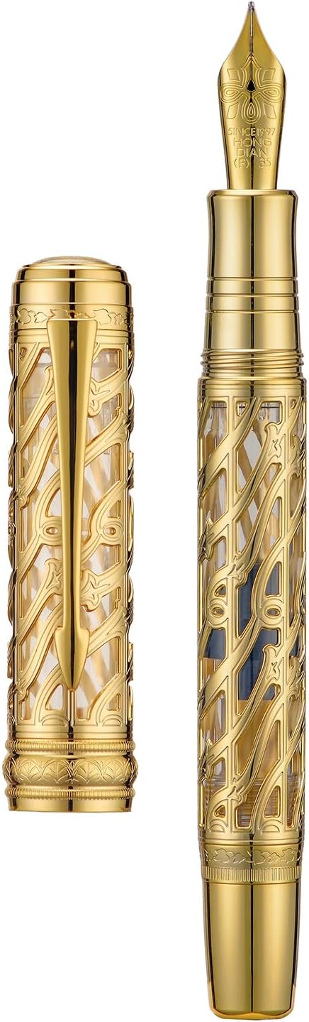 Hongdian A6 Piston Fountain Pen Fine Soft Nib,Hollow Skeleton & Resin Pen Bright Gold