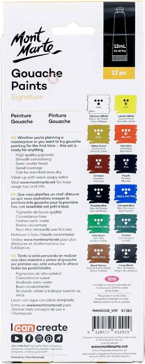 MONT MARTE Signature Gouache Paint,12 Colors 12ml Tube - TTpen