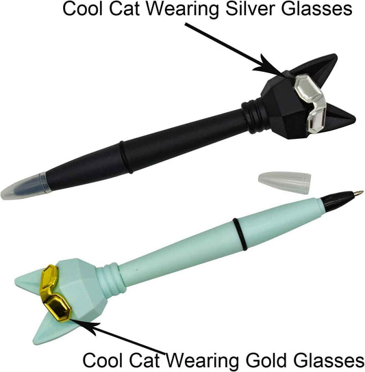 12PCS Cute Cat Ballpoint Pens Cartoon Wearing Golden Silver Glasses - TTpen