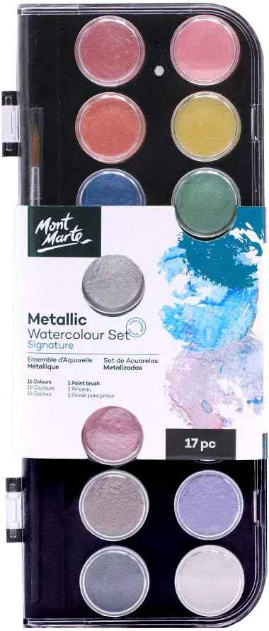 MONT MARTE Metallic Watercolor Pearl Paint Set,16 Colors,1 Paint Brush - TTpen
