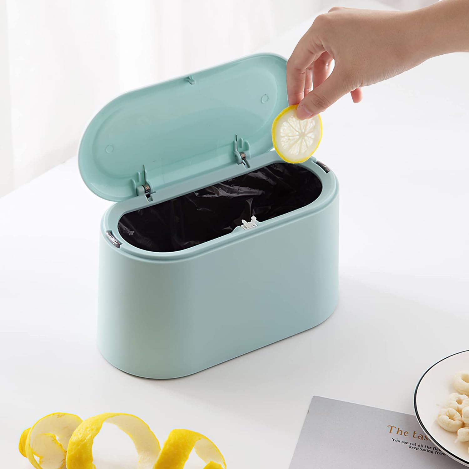 Mini Trash Can with Lid Removable Pop Up Countertop Wastebasket Light Blue