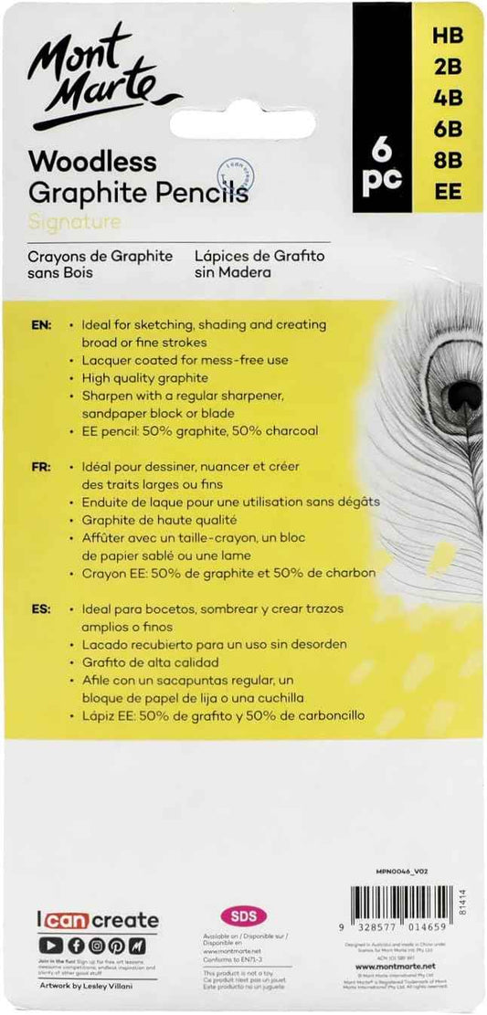 Mont Marte Woodless Graphite Pencils 6 Piece for Sketching Drawing Shading - TTpen