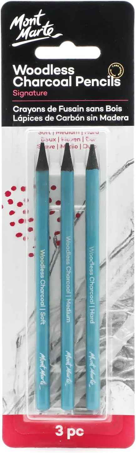 Mont Marte Woodless Charcoal Pencils,3 Piece,Soft,Medium and Hard - TTpen