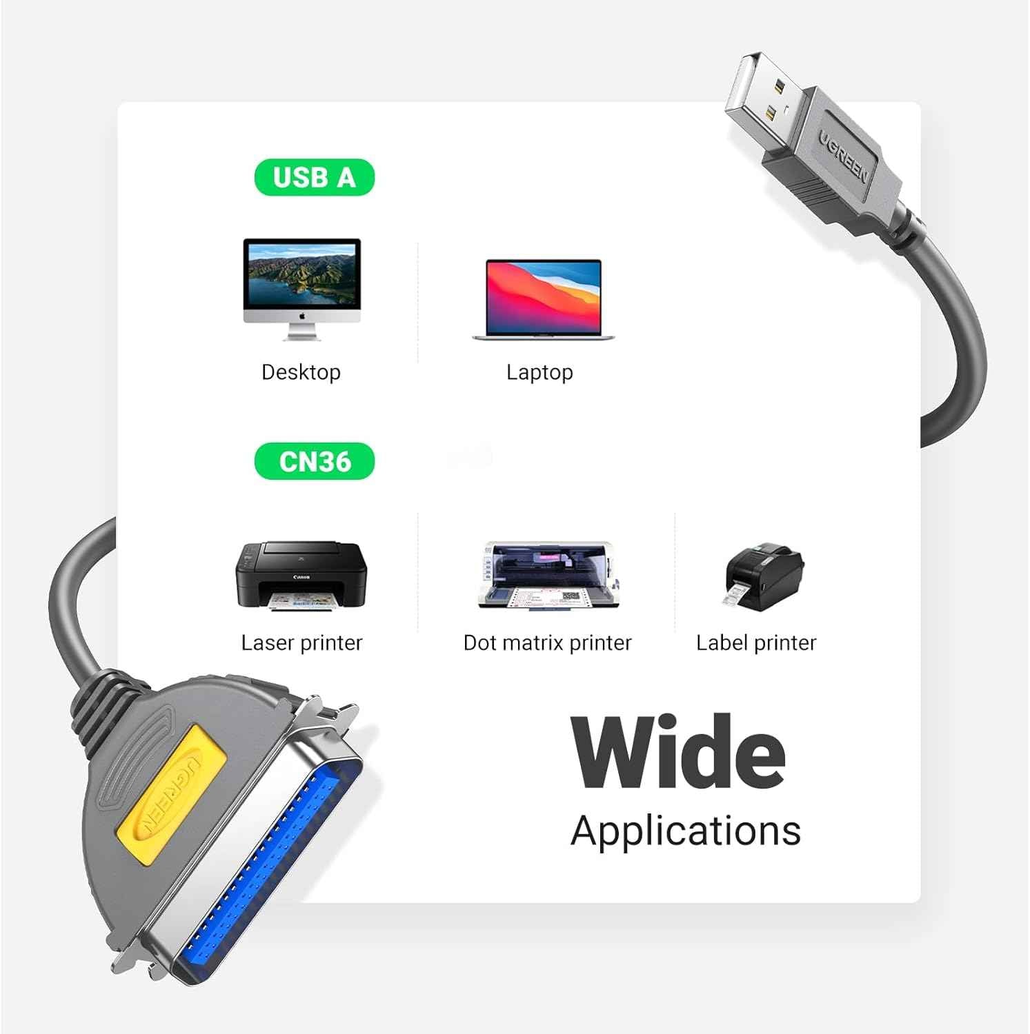 UGREEN 2M USB to Parallel Port Printer Cable for Old Printer