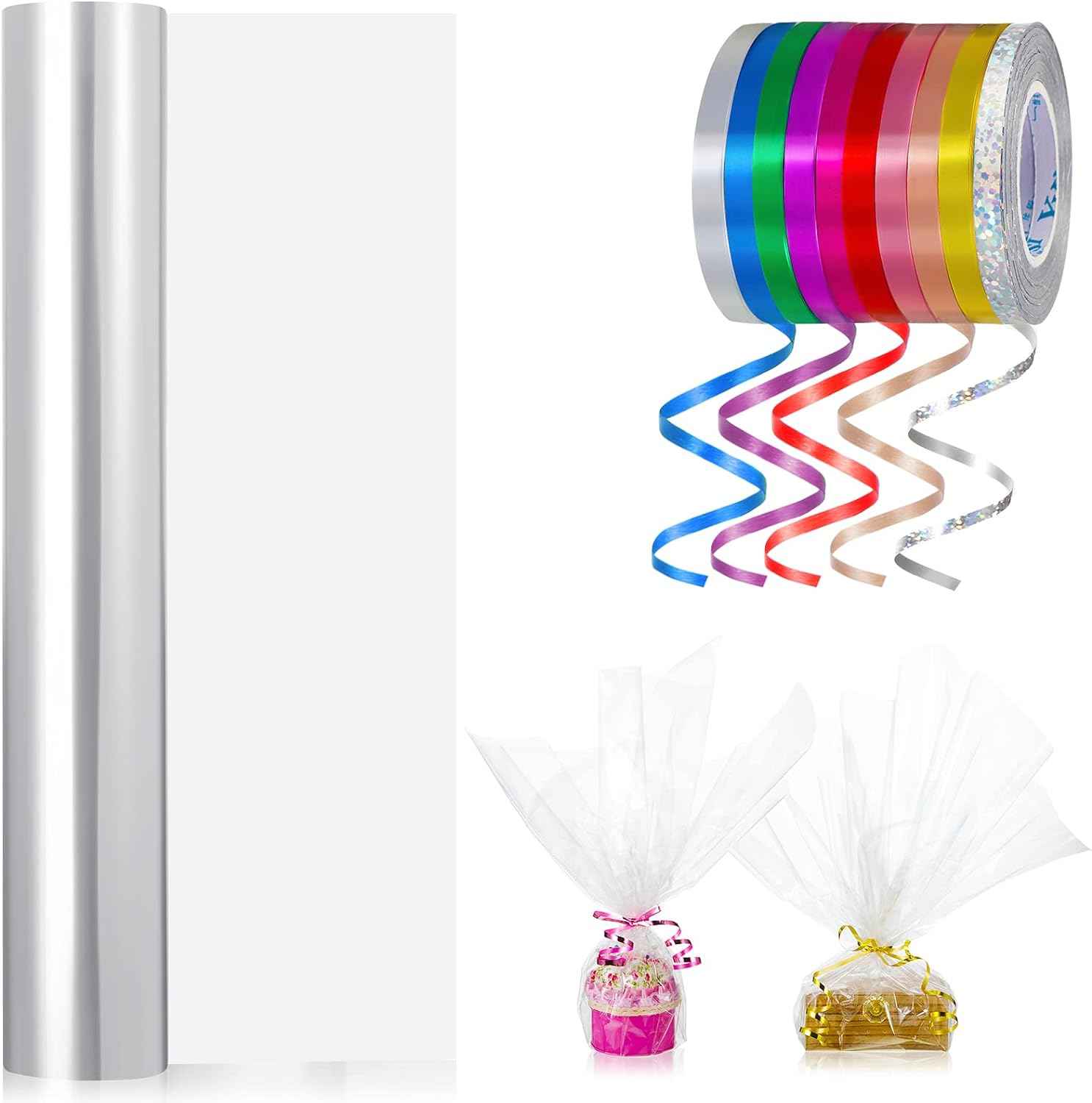 31.5 Inch x 100 Ft Gift Cellophane Wrap Roll with Colorful Curling Ribbon - TTpen