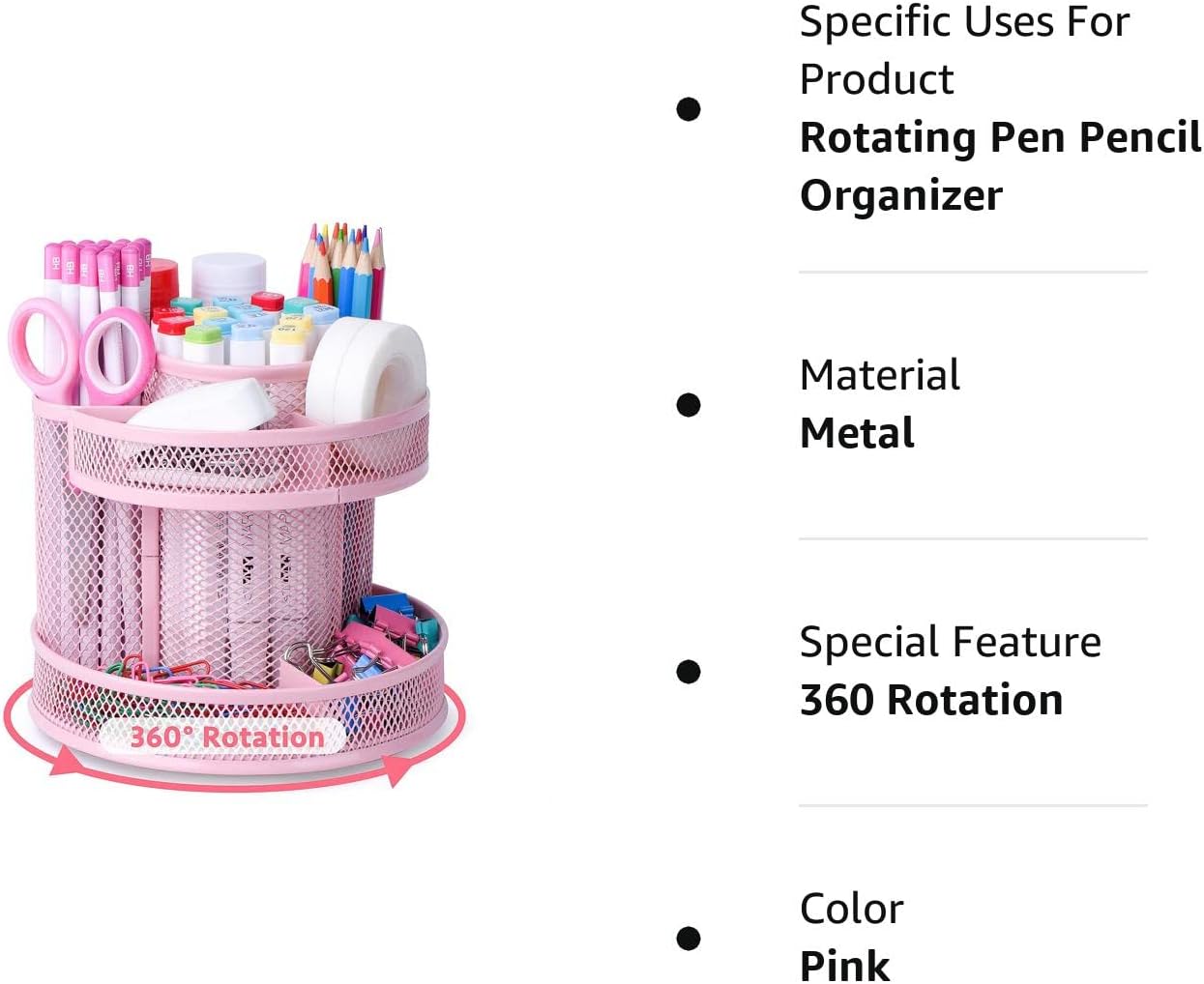 Pink Kawaii Desk Pen Pencil Organizer 360 Revolving