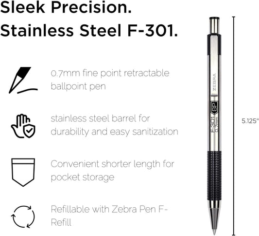 Zebra Pen F-301 Compact Ballpoint Stainless Steel Retractable Pen 0.7mm