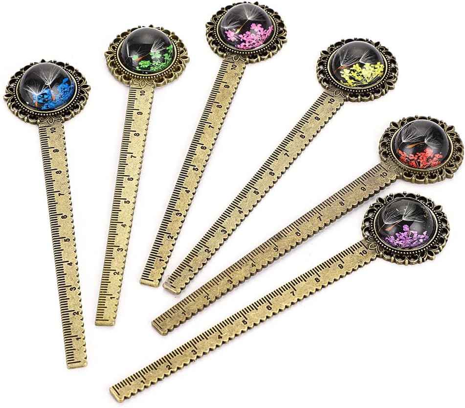 6PCS Retro Metal Bookmark Ruler Bronze Book Mark with Dried Flower - TTpen