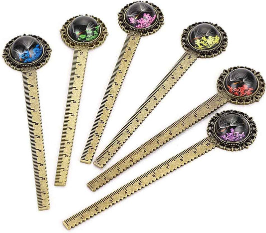 6PCS Retro Metal Bookmark Ruler Bronze Book Mark with Dried Flower - TTpen