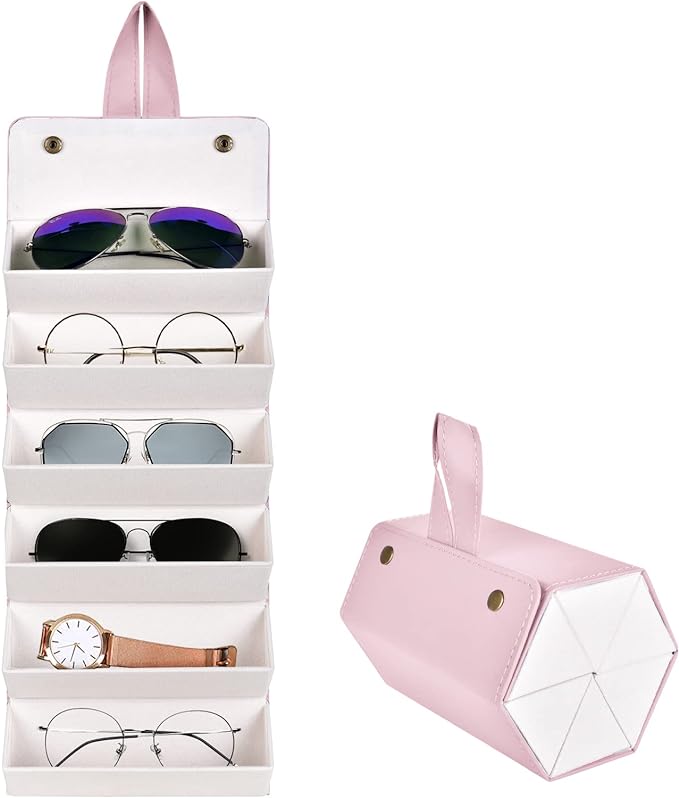 PU Leather Foldable Sunglasses Organizer Box Eyeglass Holder Pink