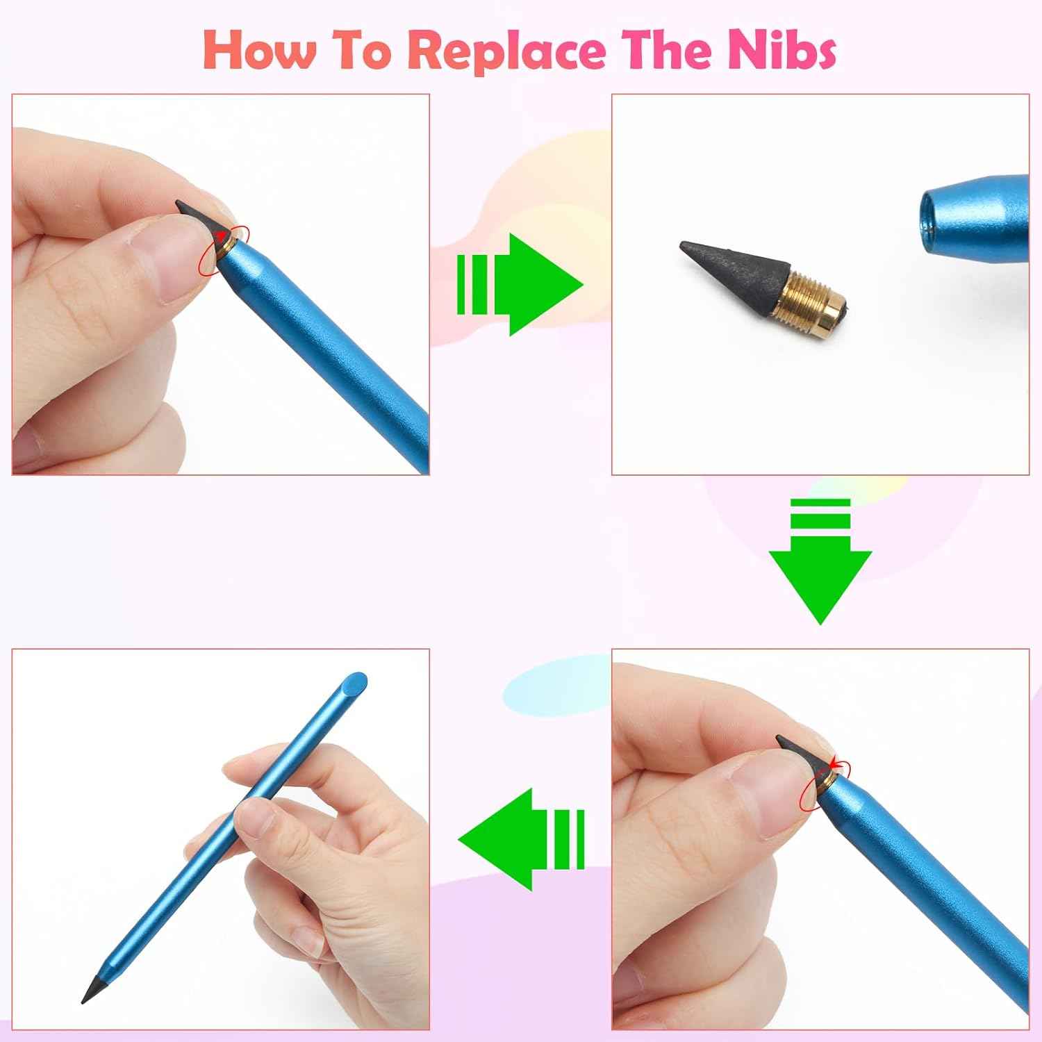 4 Pack Metal Inkless Pencil with Eraser and Replaceable Nibs