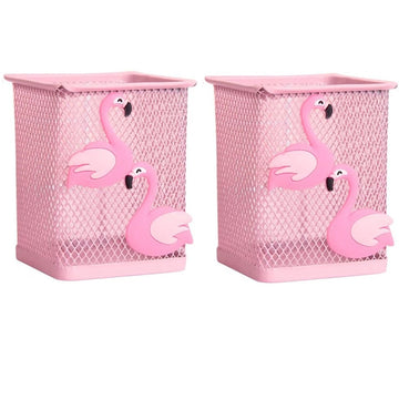 2 Pack Metal Cute Pen Pencil Holder Square Pink Flamingo