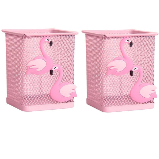 2 Pack Metal Cute Pen Pencil Holder Square Pink Flamingo