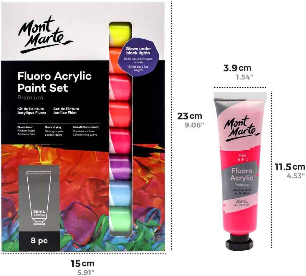 Mont Marte Fluoro Acrylic Paint Set,8 Colors,36ml Tube - TTpen