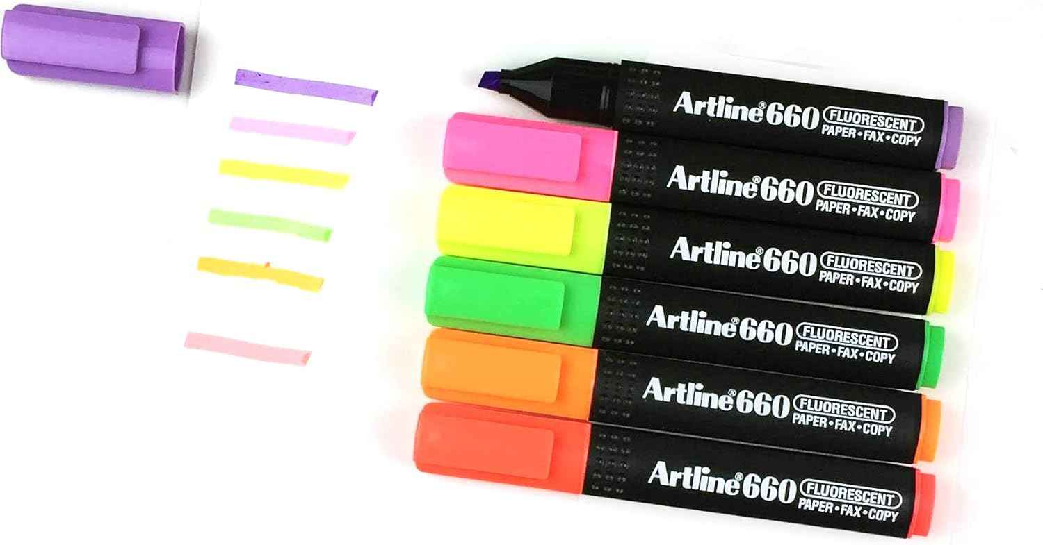Artline EK-660 Fluorescent Highlighters,1.0-4.0mm Chisel Tip,7 Colors
