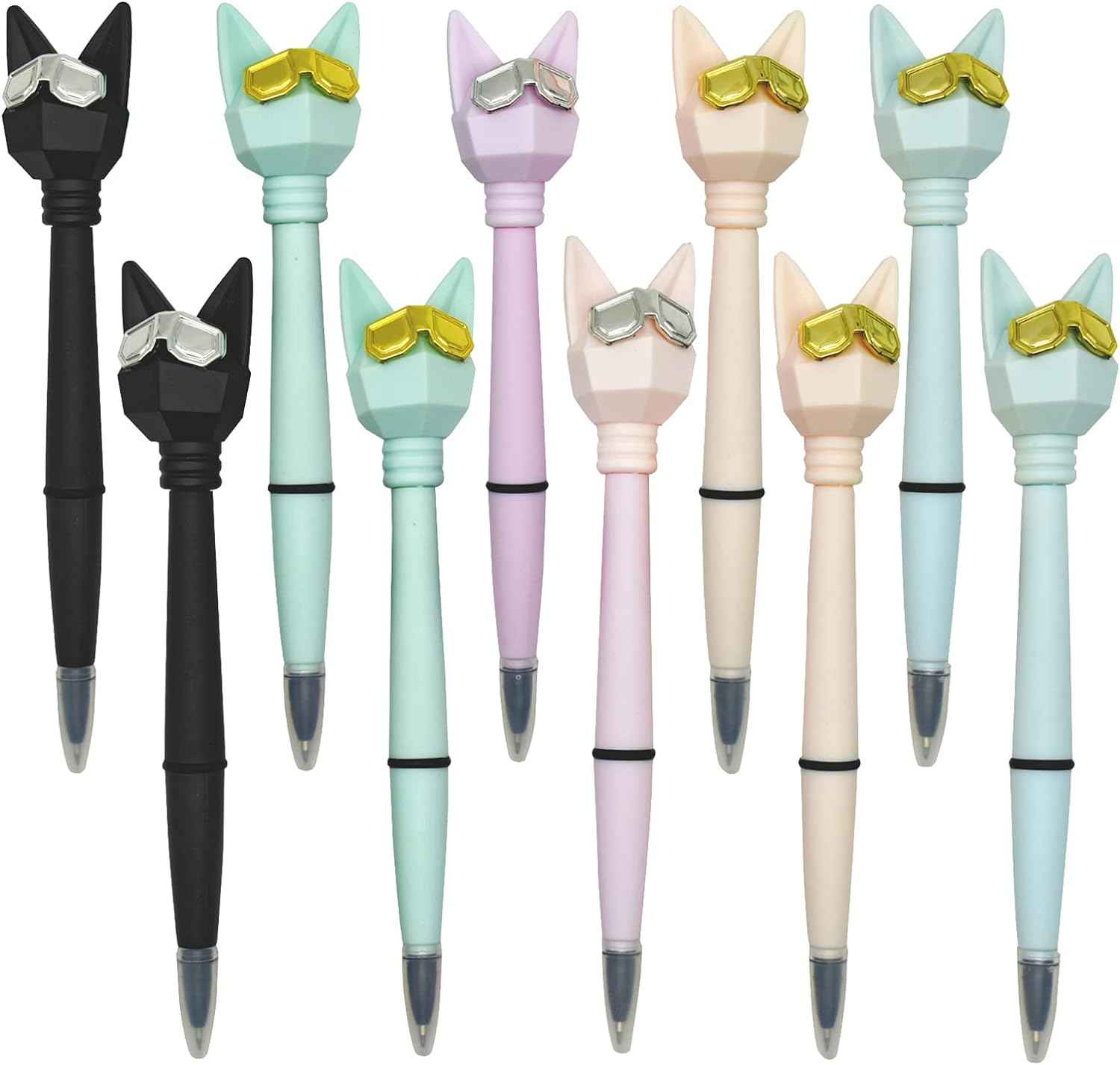 12PCS Cute Cat Ballpoint Pens Cartoon Wearing Golden Silver Glasses - TTpen