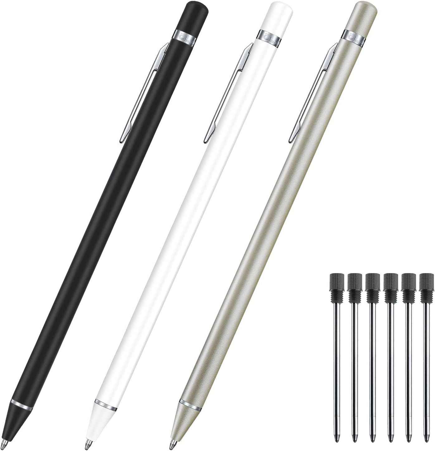 3 Pack Metal Ballpoint Pens with 6 Replaceable Refills (Black,White,Champagne) - TTpen