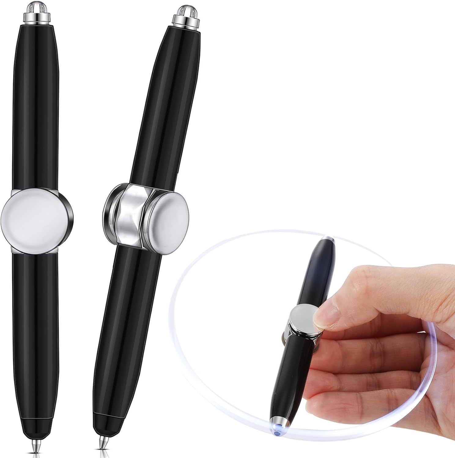 2pcs Fidget Spinning Pen with LED Light Multi Functional Ballpoint Pen Black