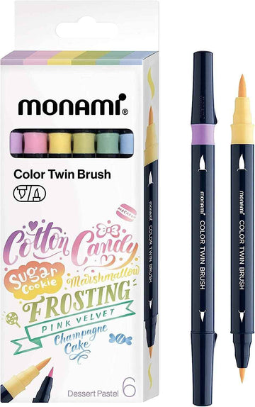 MONAMI Color Twin Brush Marker Pens,Pastel Color  6-Pack