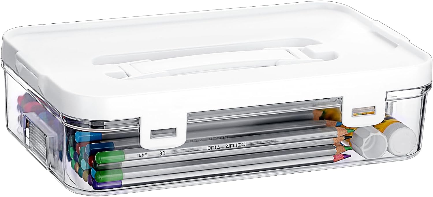 Clear Plastic Storage Container with Lid & Handle for Pencils Markers
