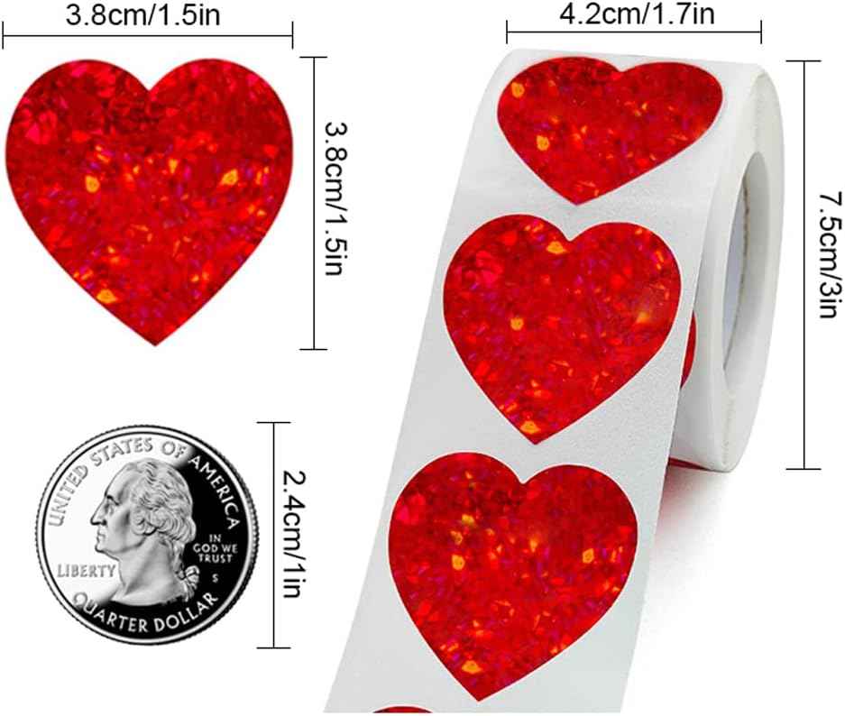 500Pcs Glitter Red Heart Stickers 1.5 inch - TTpen