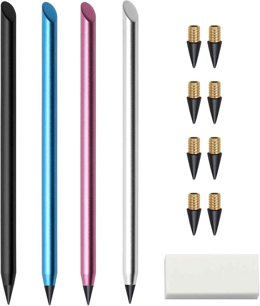 4 Pack Metal Inkless Pencil with Eraser and Replaceable Nibs