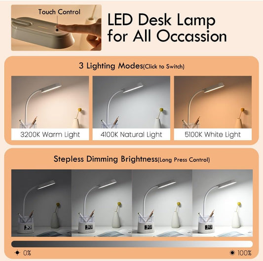 LED Desk Lamps for Home Office with Pen Holder Clock USB Charging
