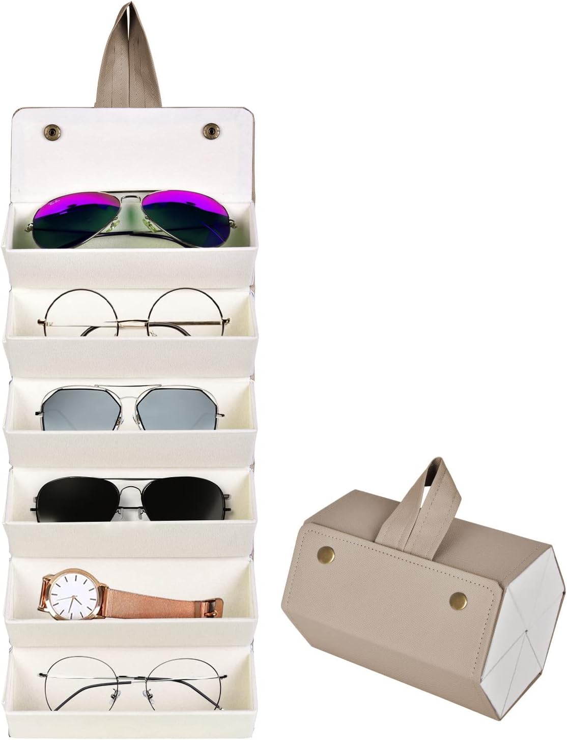 PU Leather Foldable Sunglasses Organizer Box Eyeglass Holder Khaki