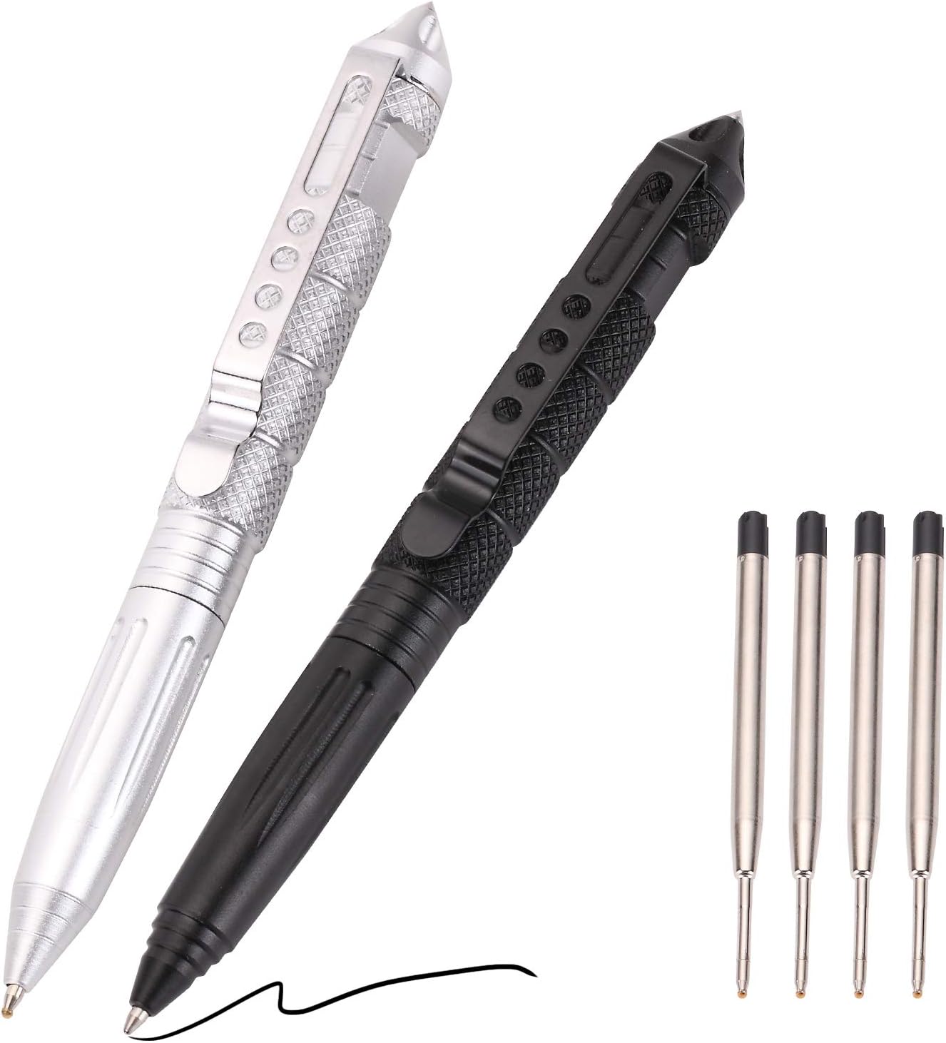 2 Pack Military Tactical Pen Set with 6 Black Ballpoint Refills Black &amp; Silver