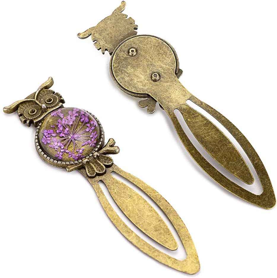 6 Metal Bookmark Clips Vintage Owl Bookmark Ruler with Dried Flower - TTpen