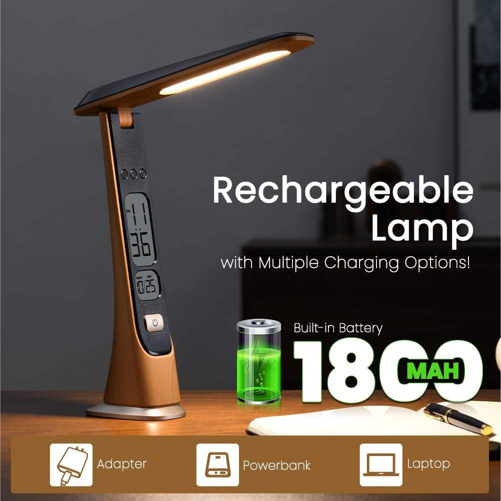 Foldable Portable Cordless Table Desk LED Lamp with Clock Calendar