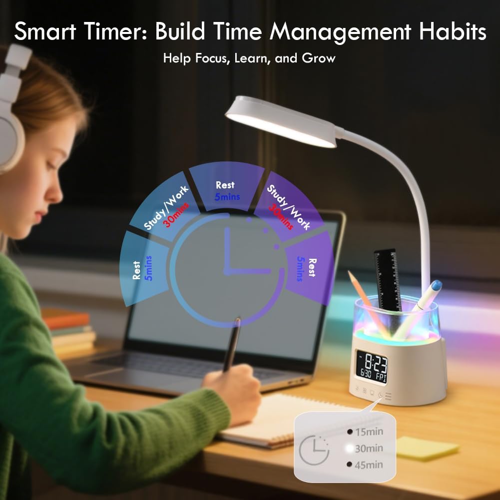 LED Desk Lamps for Home Office with Pen Holder Clock USB Charging