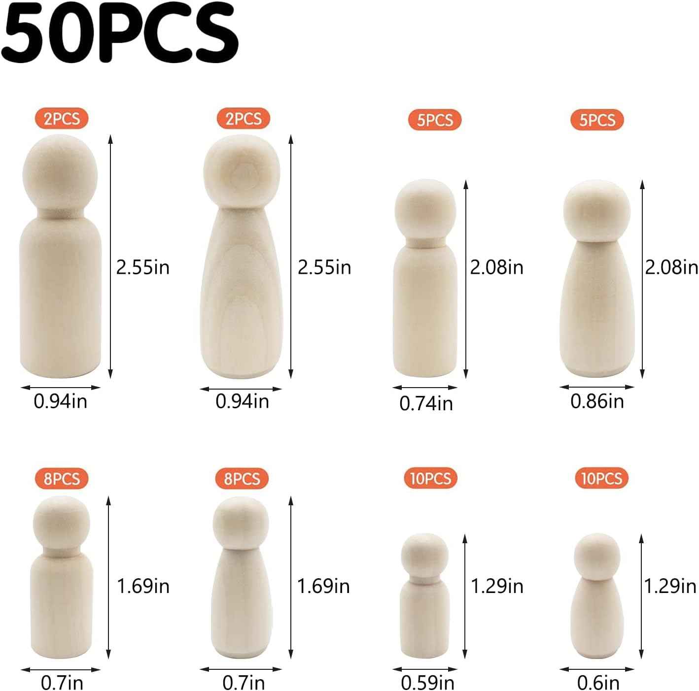 50 Pack Unfinished Wooden Peg Dolls for Kids DIY Art Craft Painting - TTpen