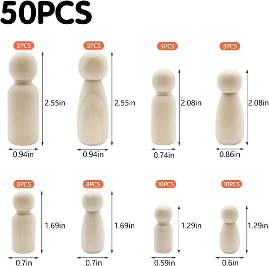 50 Pack Unfinished Wooden Peg Dolls for Kids DIY Art Craft Painting - TTpen