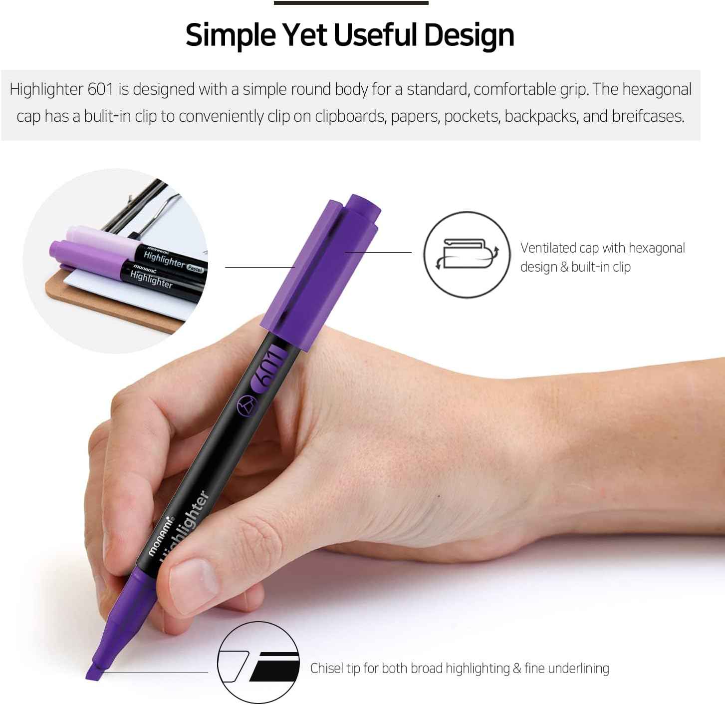 MONAMI Highlighter 601 Pastel,Chisel Tip,Assorted Colors,6-Pack - TTpen