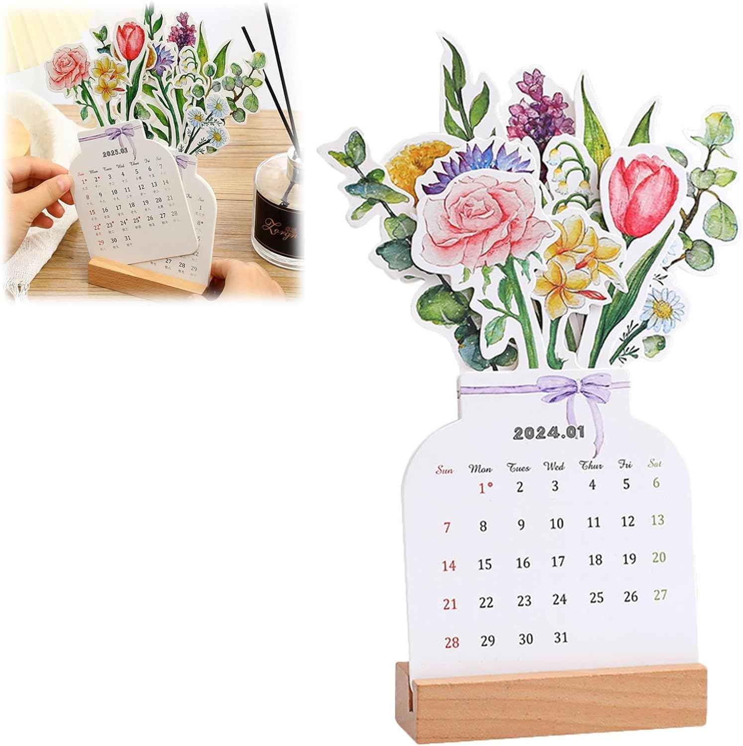 2024 Bloomy Flowers Desk Calendar Monthly Planner Vase Shaped - TTpen