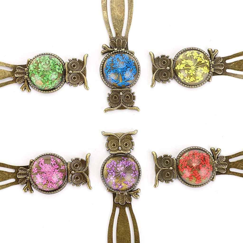 6 Metal Bookmark Clips Vintage Owl Bookmark Ruler with Dried Flower - TTpen