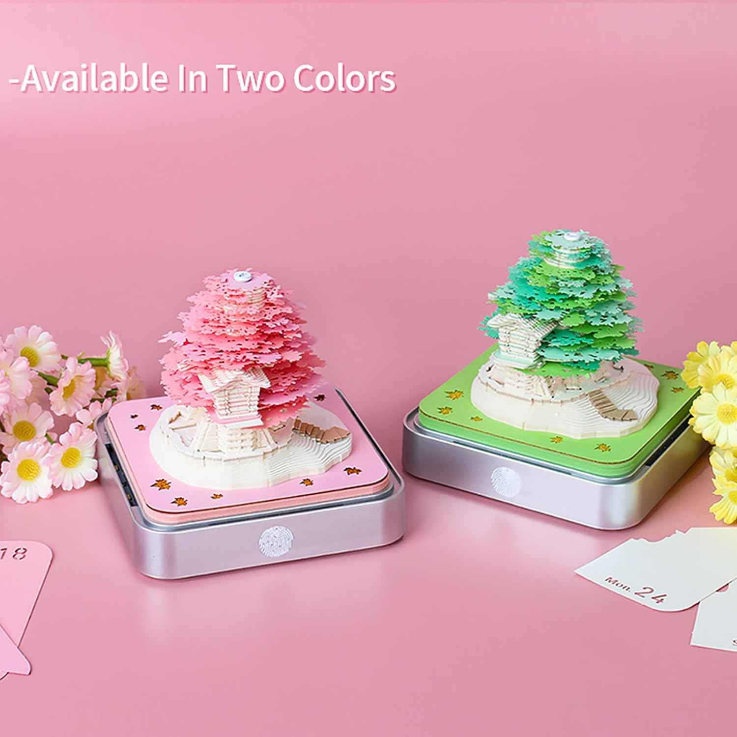 2024 Desk Calendar With LED Lights Sakura Tree House Pink Green - TTpen