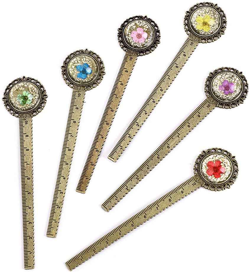 6PCS Retro Metal Bookmark Ruler Bronze Book Mark with Dried Flower - TTpen